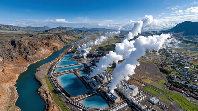 Geothermal Power Plant in a Vast Landscape: An aerial view showcases a modern geothermal power plant, with plumes of steam rising into the clear blue sky.