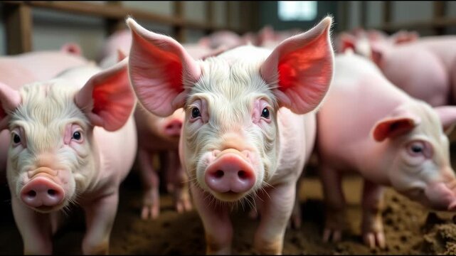 A group of pigs standing next to each other in a natural environment