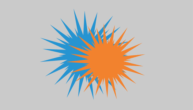 Abstract geometric shape composed of two overlapping multi pointed starburst designs in blue and orange colors on a gray background.