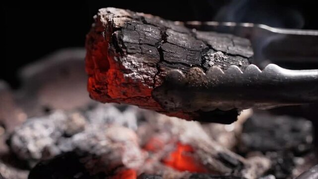 Metallic Tongs Holding Burning Glowing Charcoal Piece Above Grill Ember