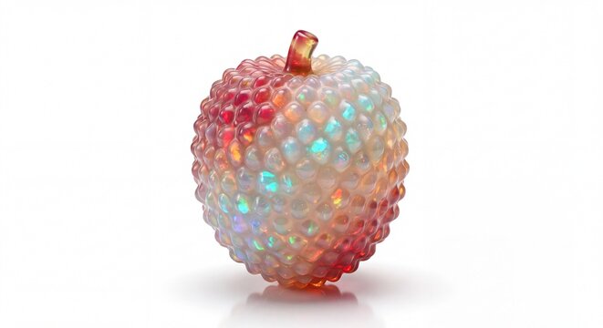 Artistic apple sculpture crafted from iridescent opal gemstones with vibrant color play
