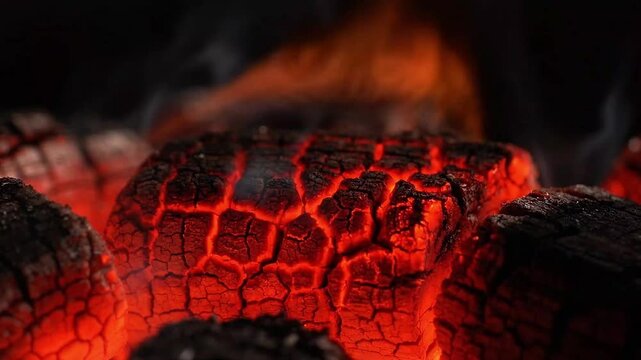 Glowing Red Charcoal Embers Burning in Charcoal Grill Close Up
