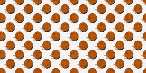 Seamless textile pattern featuring distressed terracotta orange polka dots with dark shadows on white linen fabric. © Dunzz