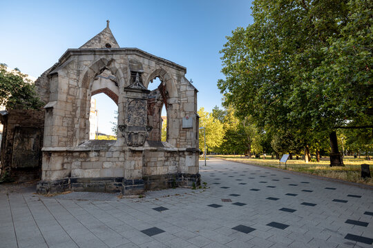 Hanover, Germany - July 2, 2026: Medieval stone and brick ruins of the Nikolaikapelle, the remains of a historic chapel in Hanover city centre.