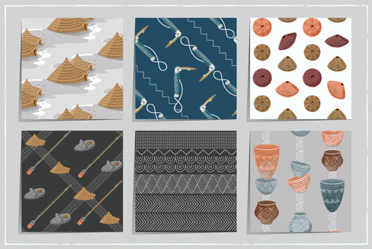 Korean Prehistoric Neolithic  Seamless Pattern Set Vector Illustration Set
