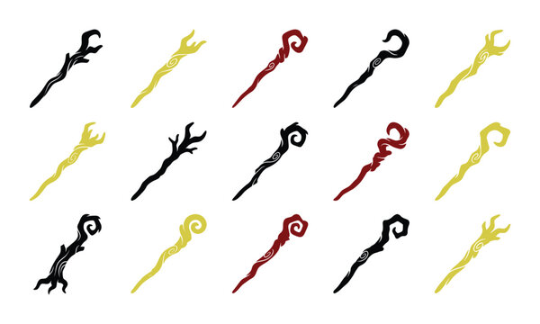 Fantasy magic staff icons, 15 mystical wizard wands in vector format, hand-drawn sorcerer staves for game design and RPG assets