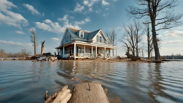 Flooded House: A stark image of a house surrounded by floodwaters, its porch submerged and trees bare, highlighting the destructive power of nature and the vulnerability of homes.