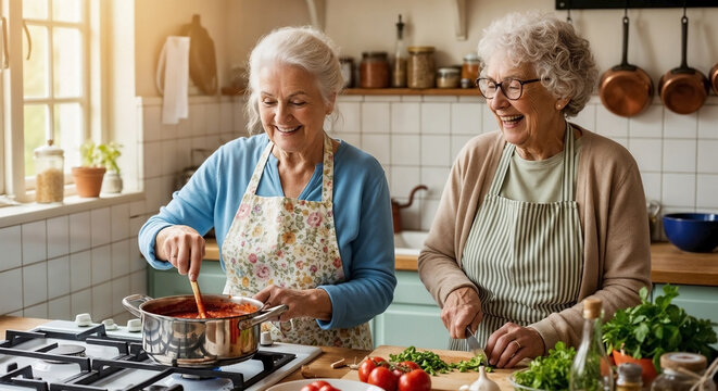 Two smiling elderly women cooking in bright kitchen, stirring pot on stove. Senior friends enjoying time together, preparing healthy meal.