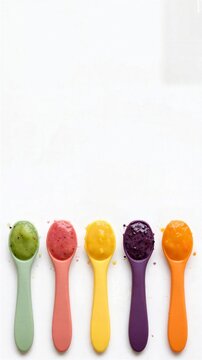 Colorful Baby Food Spoons With Purees on White Background