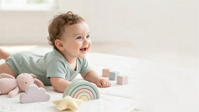 Baby Playing on Floor With Rainbow Toy and Blocks
