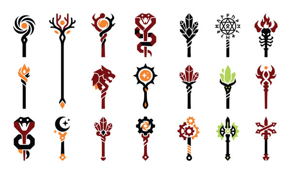Fantasy magic staff icons, 21 mystical wizard scepter vectors, medieval RPG game assets with crystal and animal motifs
