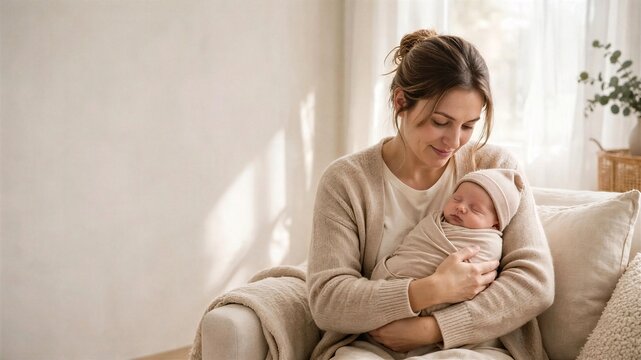 Mother Cuddling Infant on Sofa in Bright Nursery