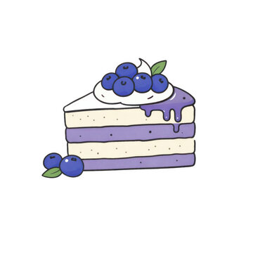 Cartoon slice of blueberry cake with whipped cream and fresh berries on transparent background. Cute layered dessert illustration for bakery menu, birthday card, sticker and pastry shop design.