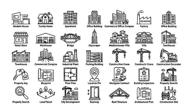 Architecture Construction Real Estate Thin Line Editable Vector Icon Bundle