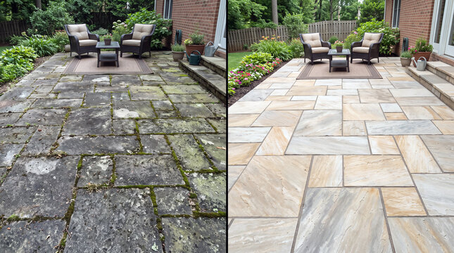 Before and after pressure washing showing dirty and clean patio paving