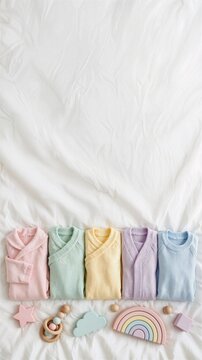 Pastel Baby Clothes Flat Lay on White Blanket