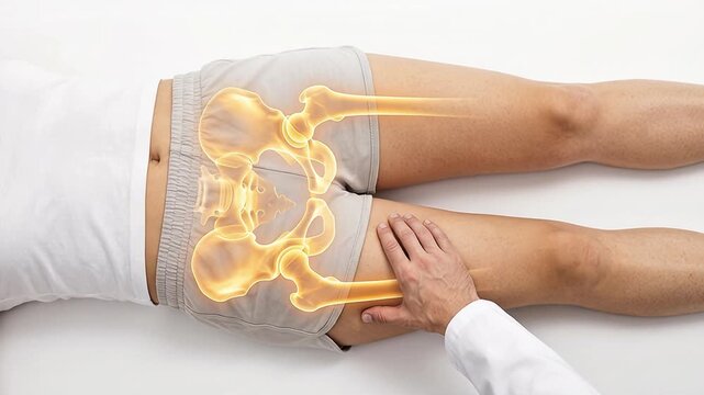 Physiotherapist examining a patient with a digital anatomical overlay of the human pelvis and hip bones for orthopedic diagnosis