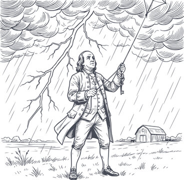 benjamin franklin flying a kite in thunderstorm historic drawing with dark navy fill strokes and no white negative spaces