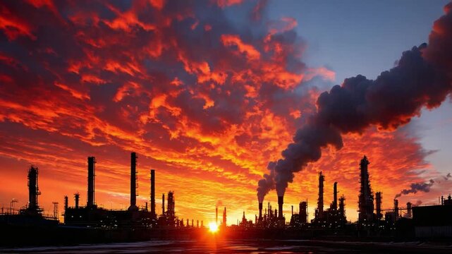 Industrial Sunset: Silhouettes of industrial smokestacks loom against a dramatic sunset, with plumes of smoke rising into the fiery sky, casting a stark contrast between industry and nature.