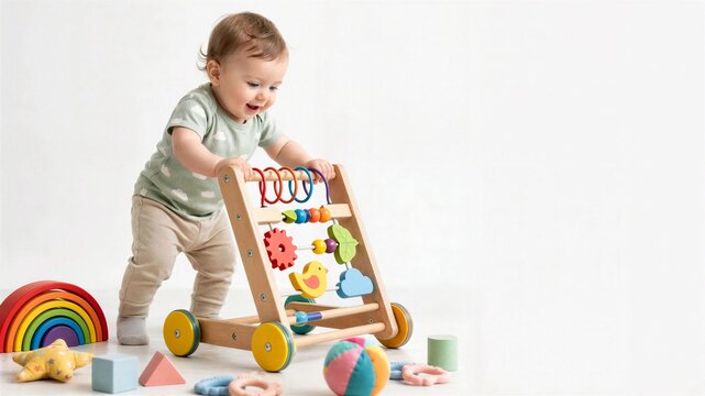 Toddler Playing With Wooden Activity Walker