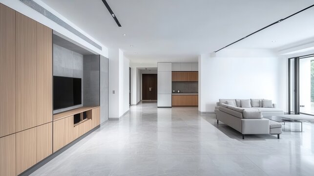 Modern living room with kitchen and entertainment unit
