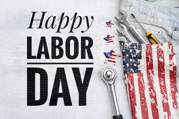 Plakat Happy Labor day poster background idea, blank banner with tools in pocket with USA flag design