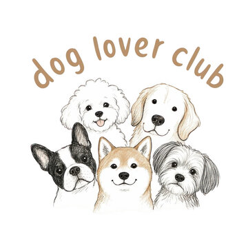Dog lover club text with group of cute hand drawn dogs on transparent background. Sketch illustration of puppy breeds together