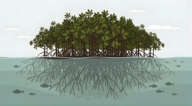 Flat vector illustration of a mangrove ecosystem with green trees and roots underwater with fish swimming in calm ocean water.