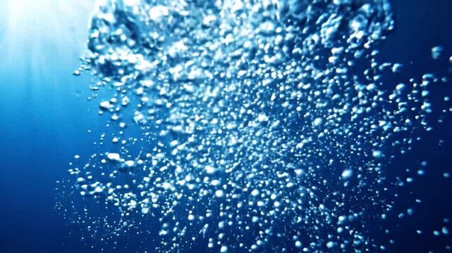 Underwater bubbles rising in deep blue water with light rays