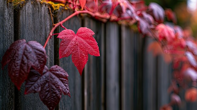 Autumn vine with vibrant red leaves climbs a weathered wooden fence