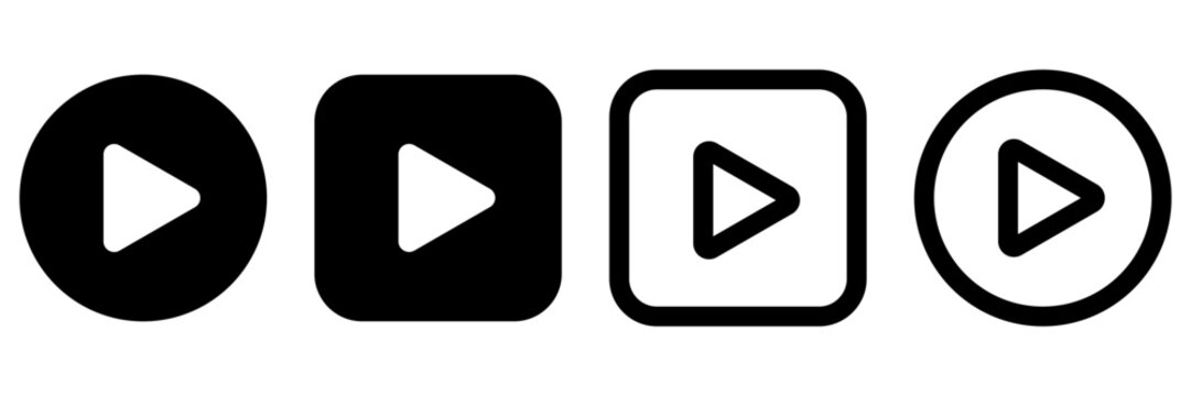media play button icon set in circle and square shapes. Includes filled and outline styles, ideal for video streaming, and media player controls, and web UI design.