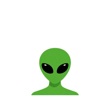Green alien head with big black eyes on transparent background. Cute extraterrestrial creature character in flat cartoon style. Space invader icon for science fiction design and ufo concept.