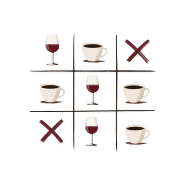 Tic tac toe game with wine glasses and coffee cups on transparent background. Fun party game concept with drinks and crosses for bachelorette party, wedding reception, birthday celebration and