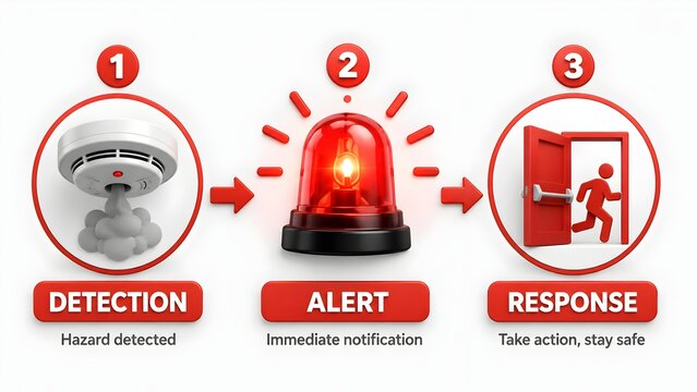 Emergency response infographic showing smoke detector and siren representing hazard detection and safety procedure