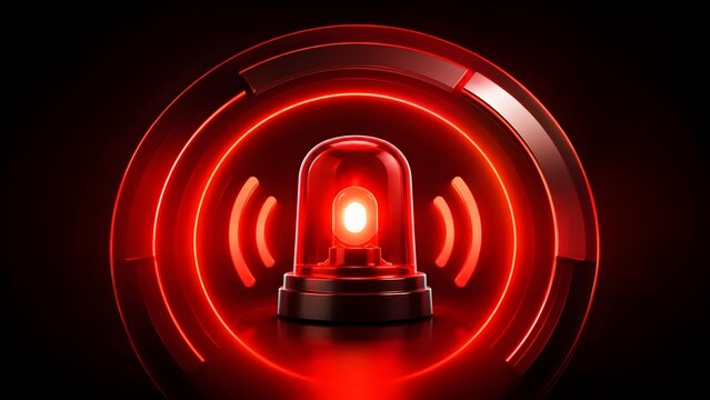 Glowing red emergency siren emitting digital sound waves representing high alert hazard warning and security response