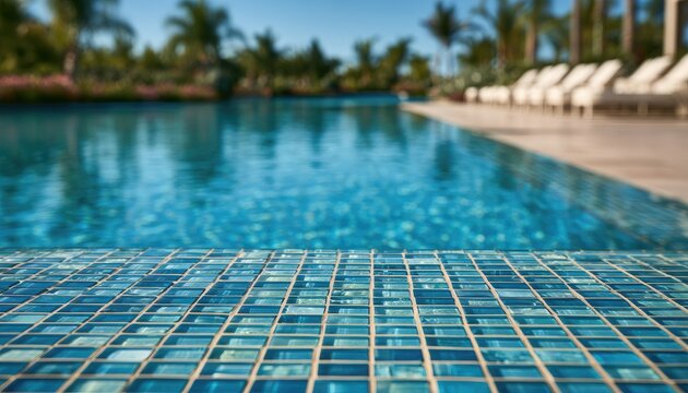 Sunny poolside with tiled edge and lounge chairs in background