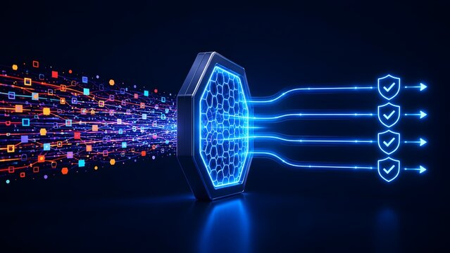 Digital network filter extracting glowing colorful particle stream into synchronized security shield lines representing protected data organization