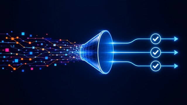 Digital network funnel extracting glowing colorful particle stream into synchronized checkmark lines representing high speed data organization
