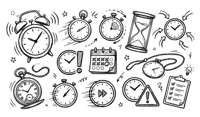 Set of hand drawn time and schedule icons including clocks hourglasses calendars and checklists on white background © BEGUM