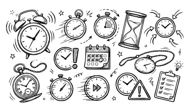 Set of hand drawn time and schedule icons including clocks hourglasses calendars and checklists on white background