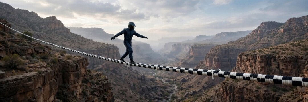 Driver Balancing on Checkered Strip Above Canyon