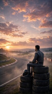 Driver Sitting on Tire Stack Beside Sunset Track
