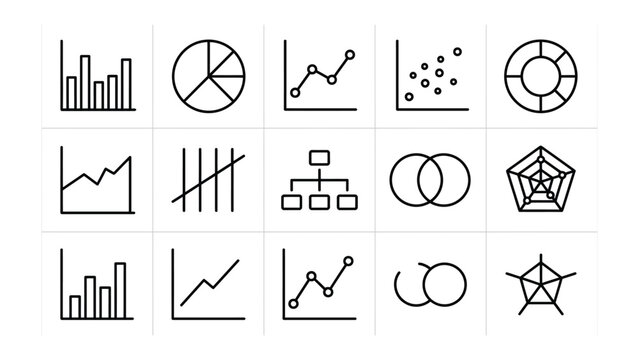 Data Visualization Icons: A collection of simple, clean line art icons representing various types of data charts and graphs, including bar charts, pie charts, line graphs, scatter plots.