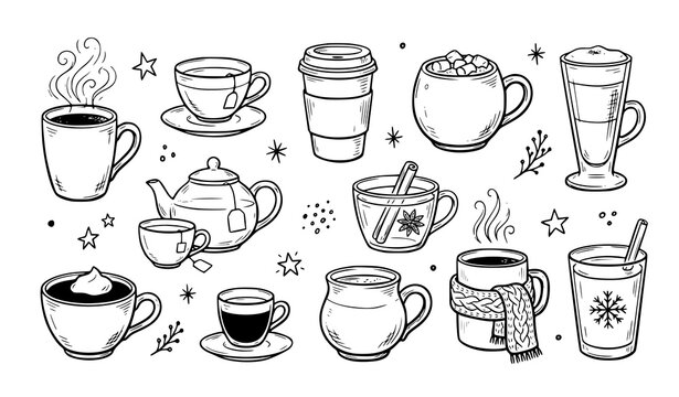 Collection of hand drawn coffee and tea beverage illustrations featuring mugs cups and winter hot drinks