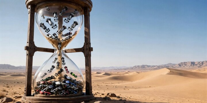 Hourglass Filled With Race Cars in Desert Landscape