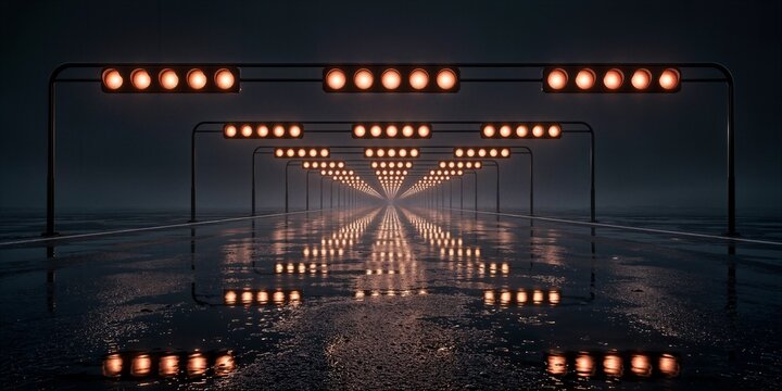 Illuminated Starting Grid Lights on Wet Race Track