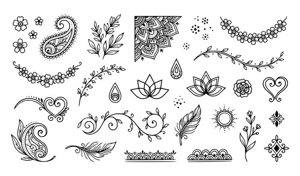 Set of hand drawn henna tattoo elements including paisley flowers leaves lotus and decorative border patterns