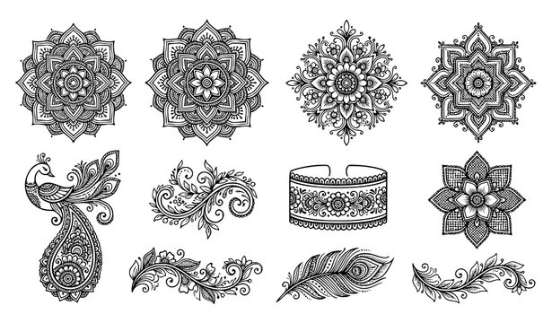 Collection of hand drawn henna tattoo designs featuring mandalas flowers peacock and decorative floral elements isolated on white
