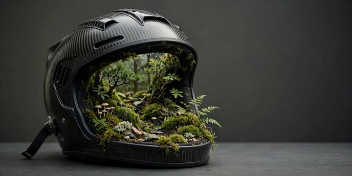 Racing Helmet Filled With Miniature Forest