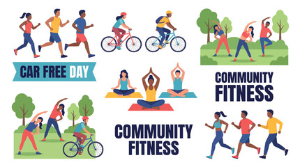 Naklejka premium Community fitness and car free day activities with people exercising and cycling together